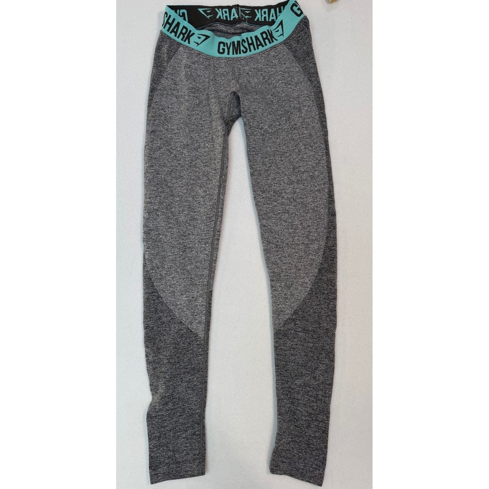 Gymshark Dry Grey Marl Seamless Leggings Teal Logo Waistband Activewear XS or S